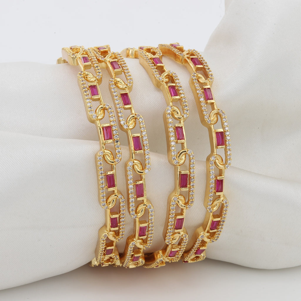 Bold Gold-Tone Chain Link Ruby & CZ Bangle Set of 4