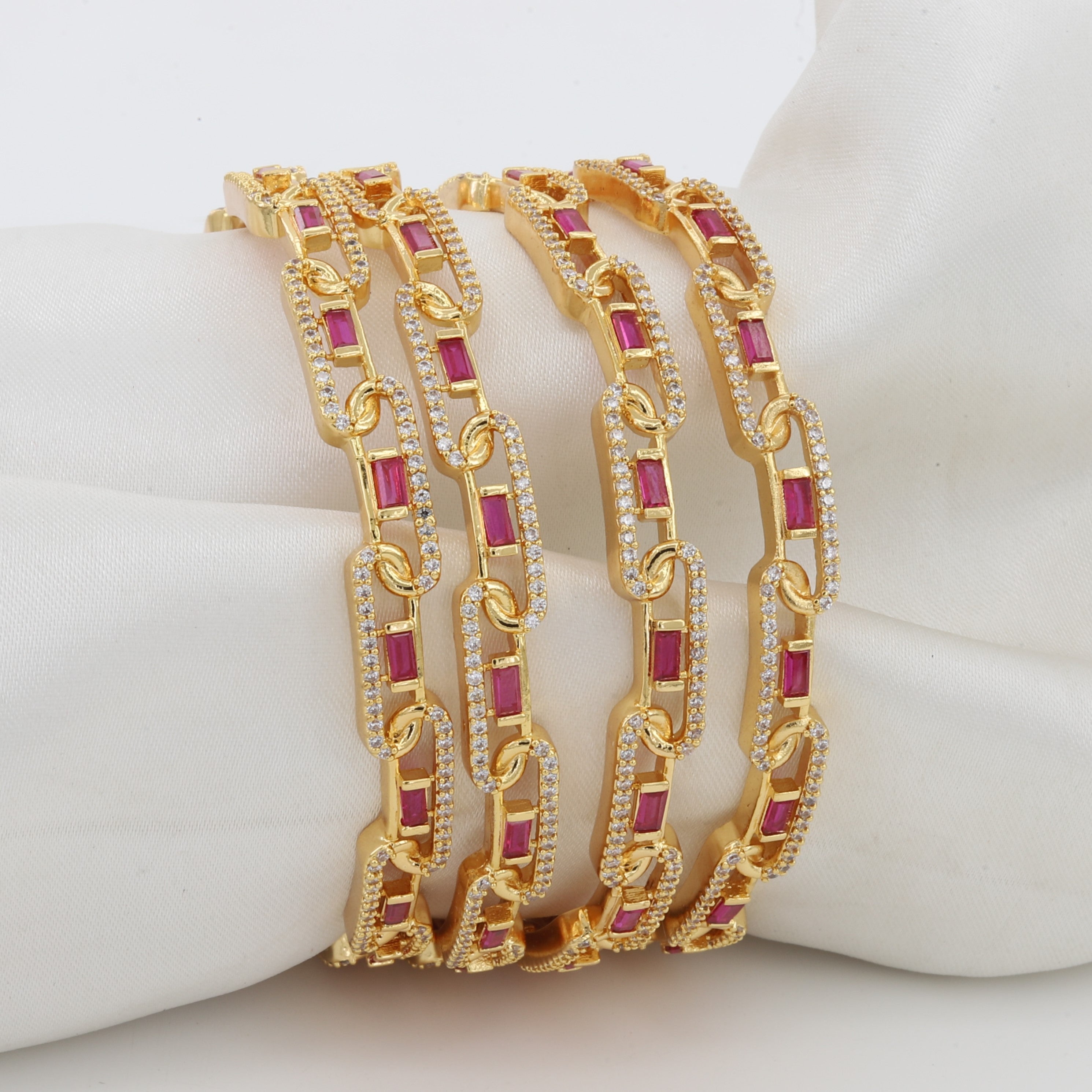 Bold Gold-Tone Chain Link Ruby & CZ Bangle Set of 4