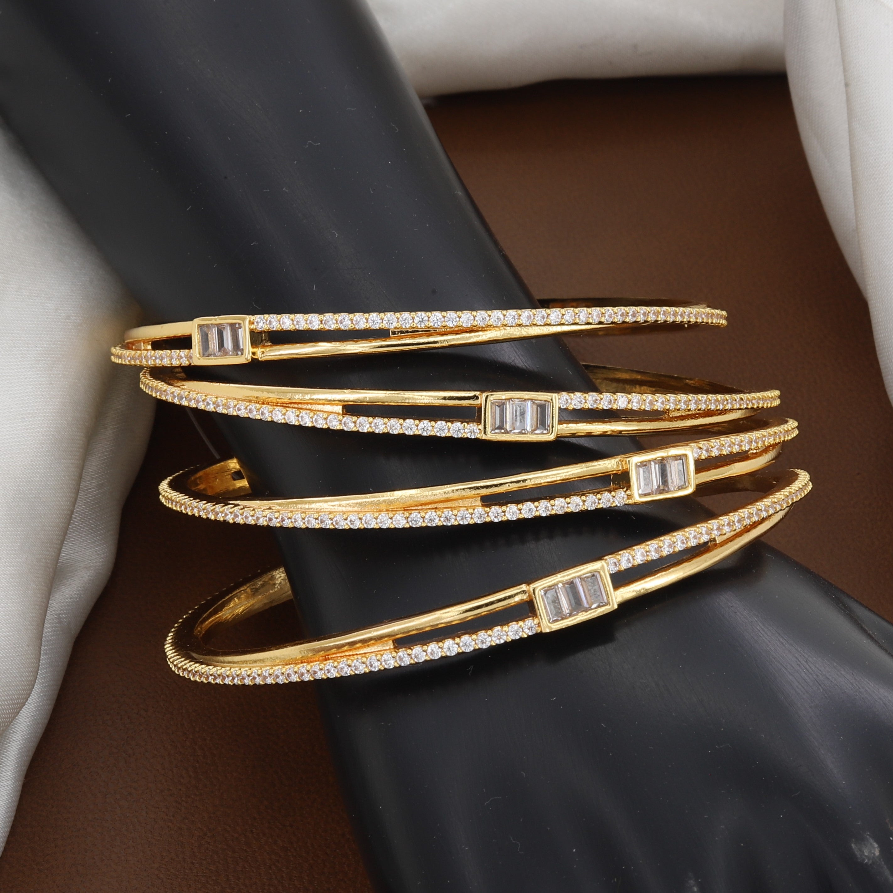 Sleek Gold-Tone CZ & Baguette Bangle Set of 4