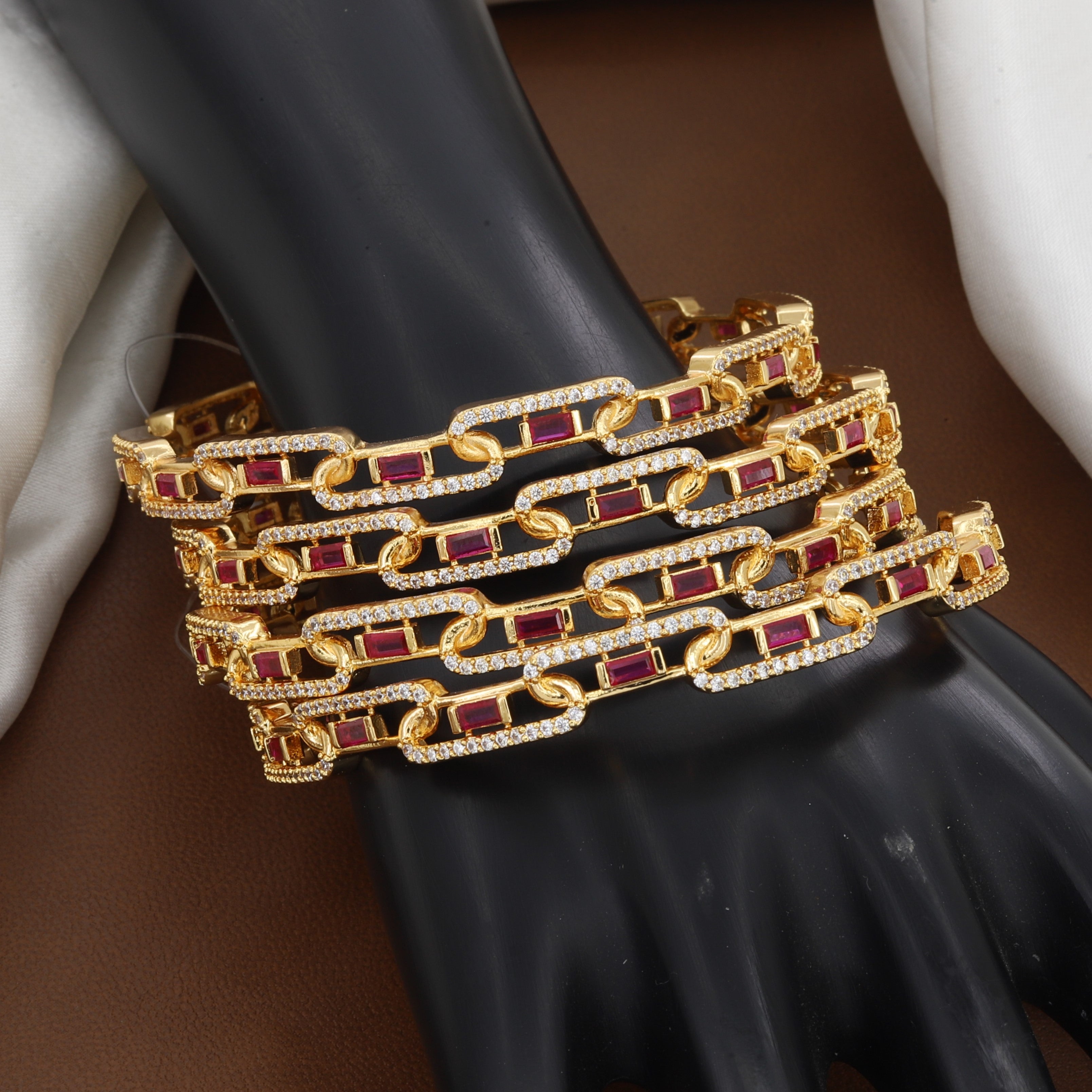 Bold Gold-Tone Chain Link Ruby & CZ Bangle Set of 4