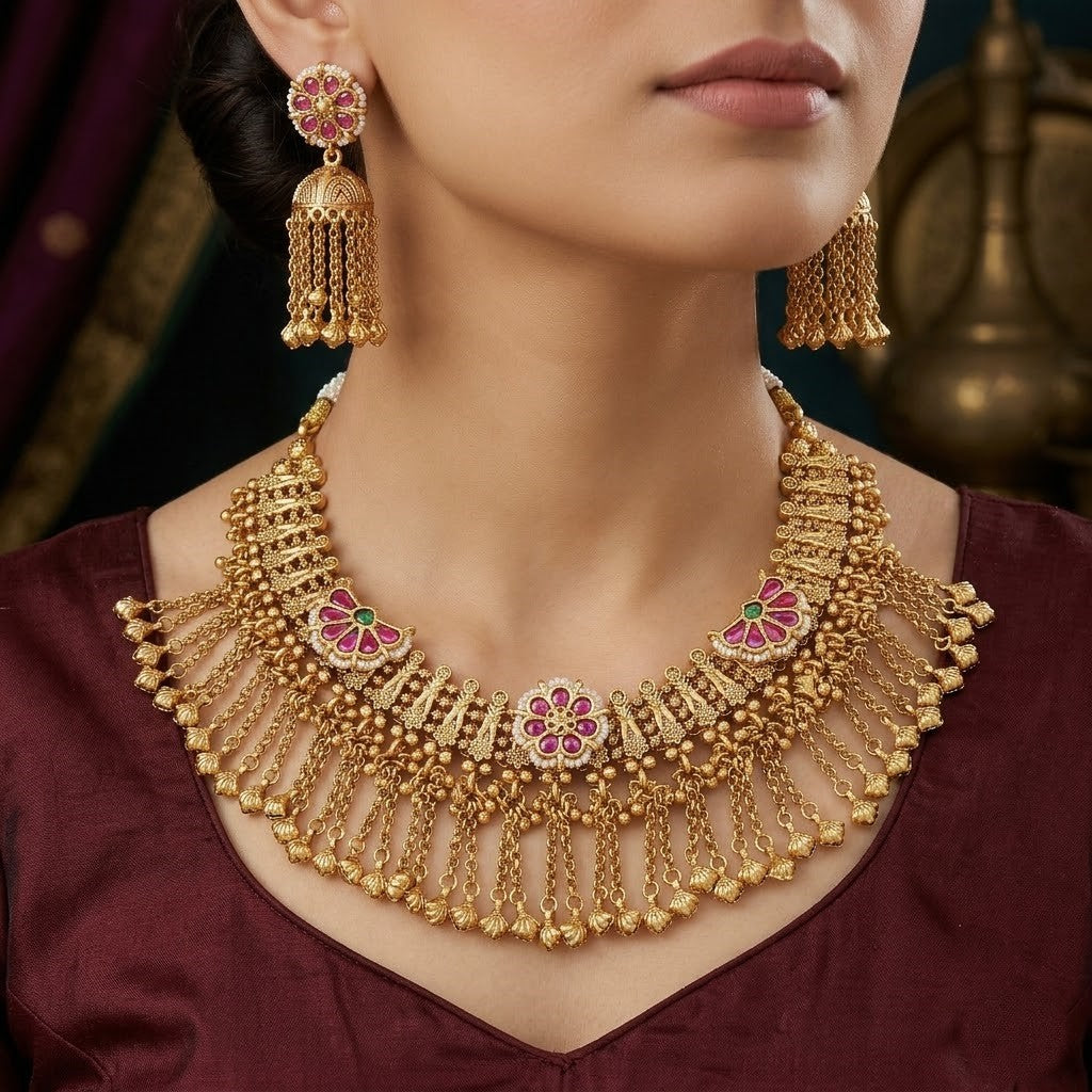 Royal Antique Gold Tone Necklace Set with Tassel Dangles