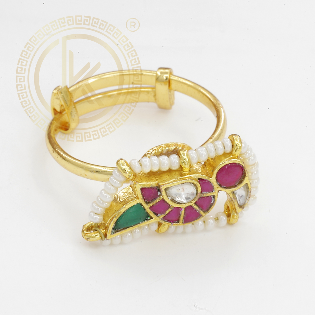 Palakka Design Gold Plated Adjustable Finger Ring with Pearls