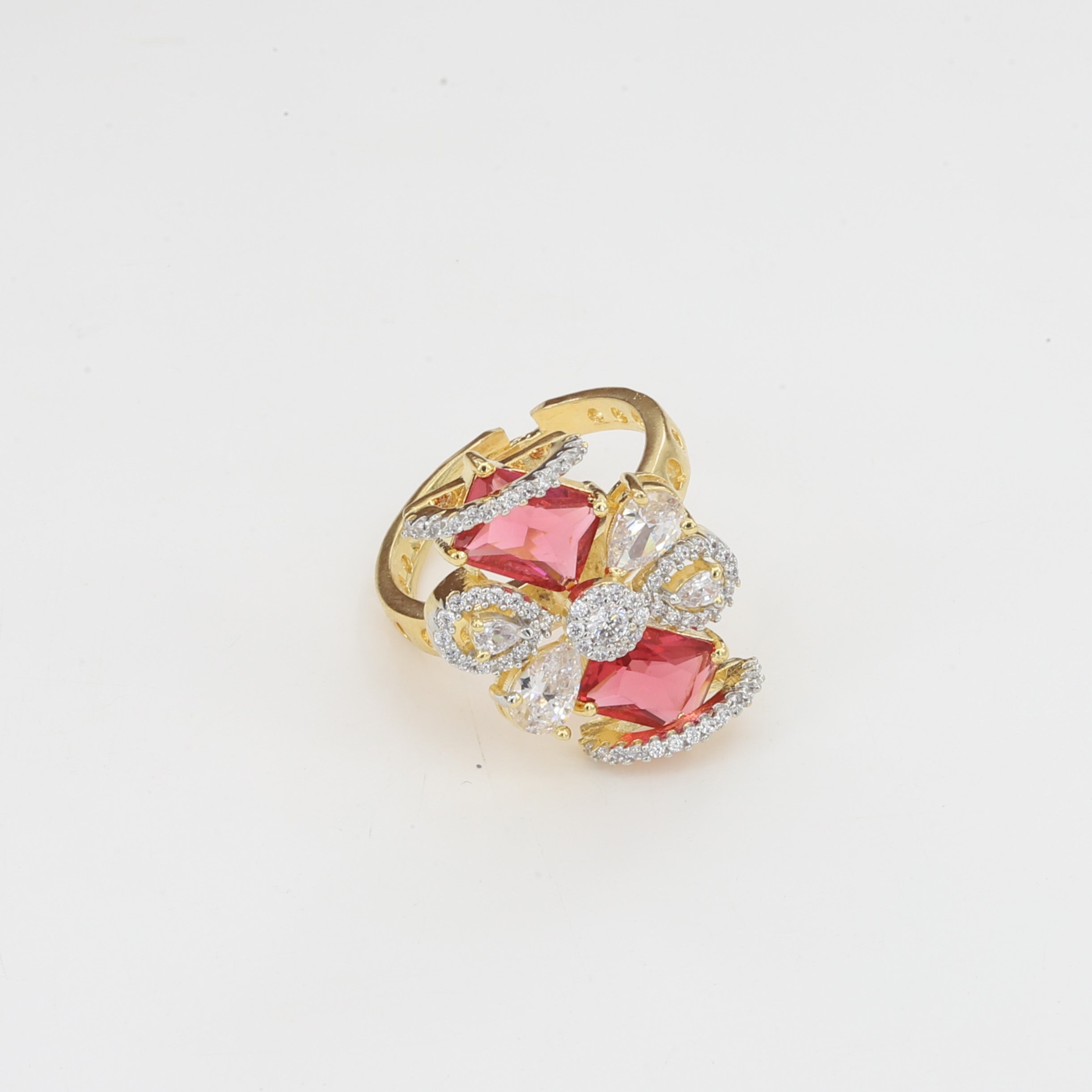Gold Tone Cocktail Elegant Crystal Floral Statement Ring