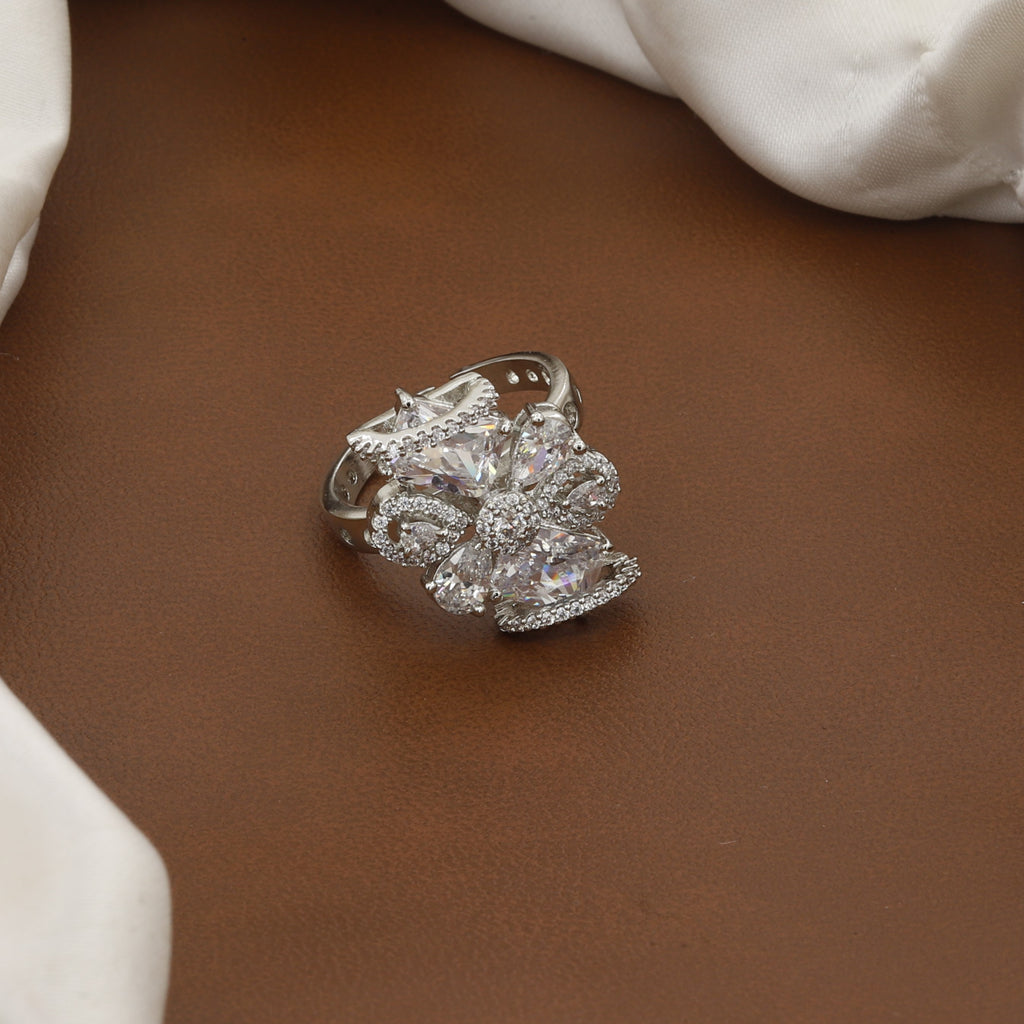 Silver Cocktail Elegant Crystal Floral Statement Ring