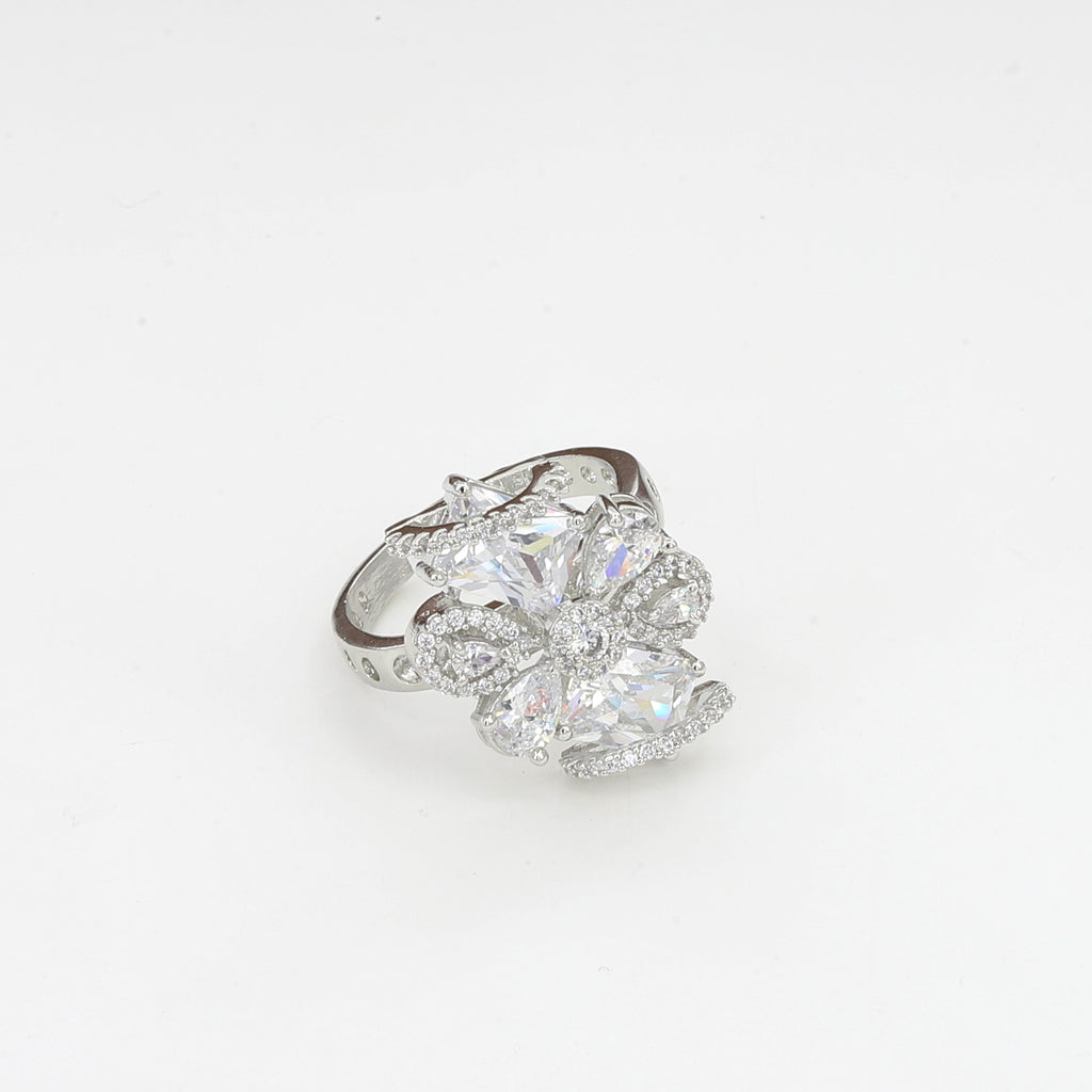 Silver Cocktail Elegant Crystal Floral Statement Ring