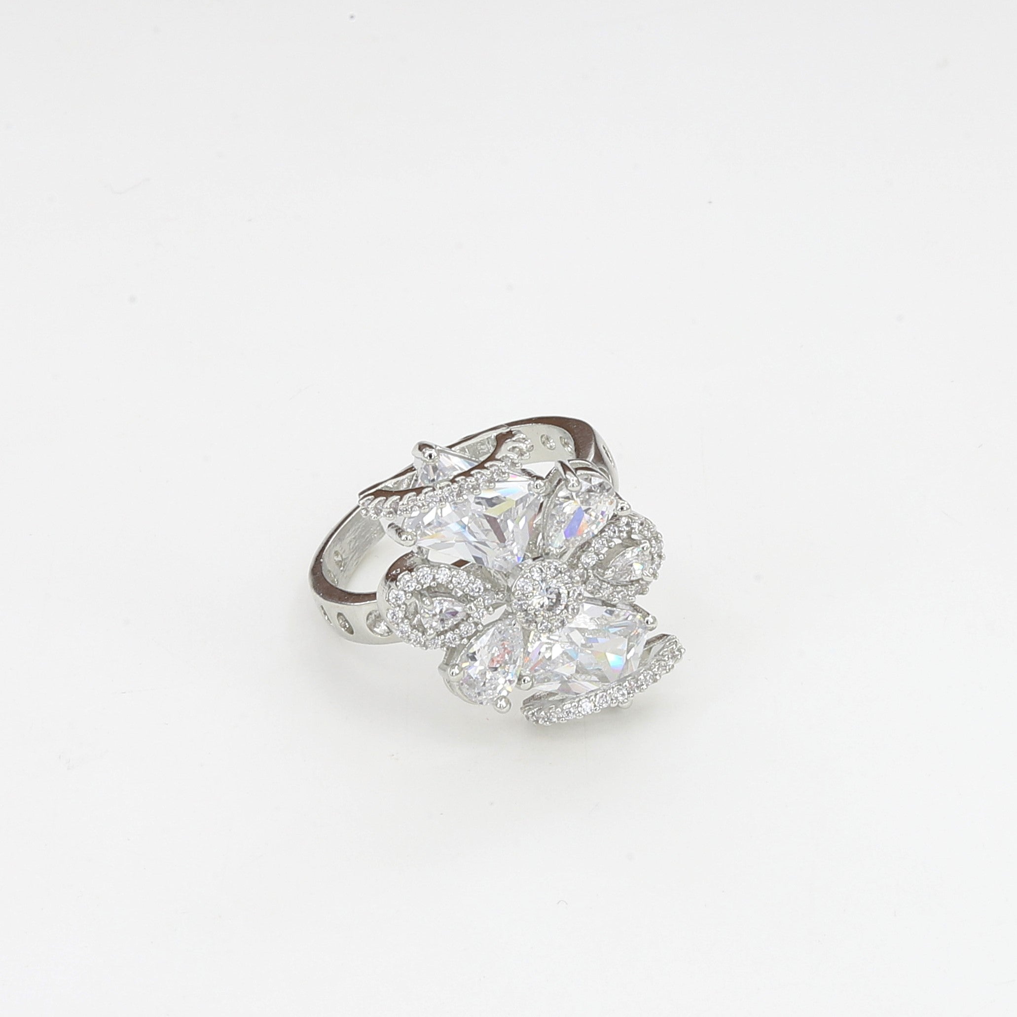 Silver Cocktail Elegant Crystal Floral Statement Ring