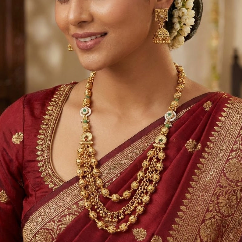 Traditional Antique Gold Multi-Layered Necklace Set with Jhumkas
