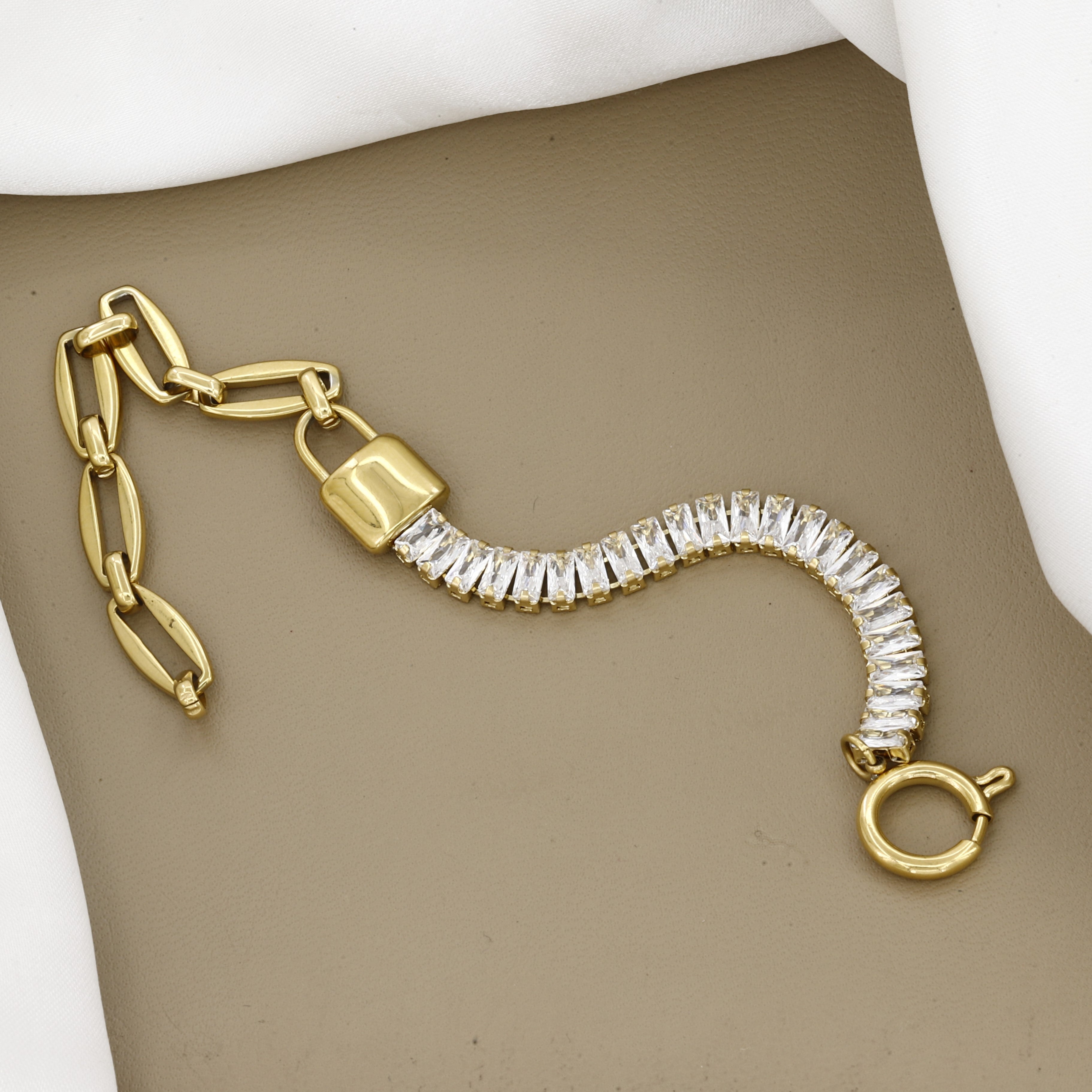 Gold Padlock Charm Bracelet with Baguette Crystals
