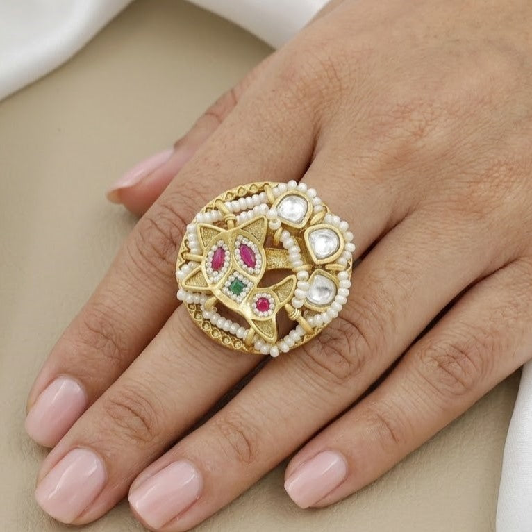 Antique Swarovski Diamond & Pearl Ring with Ruby and Emerald