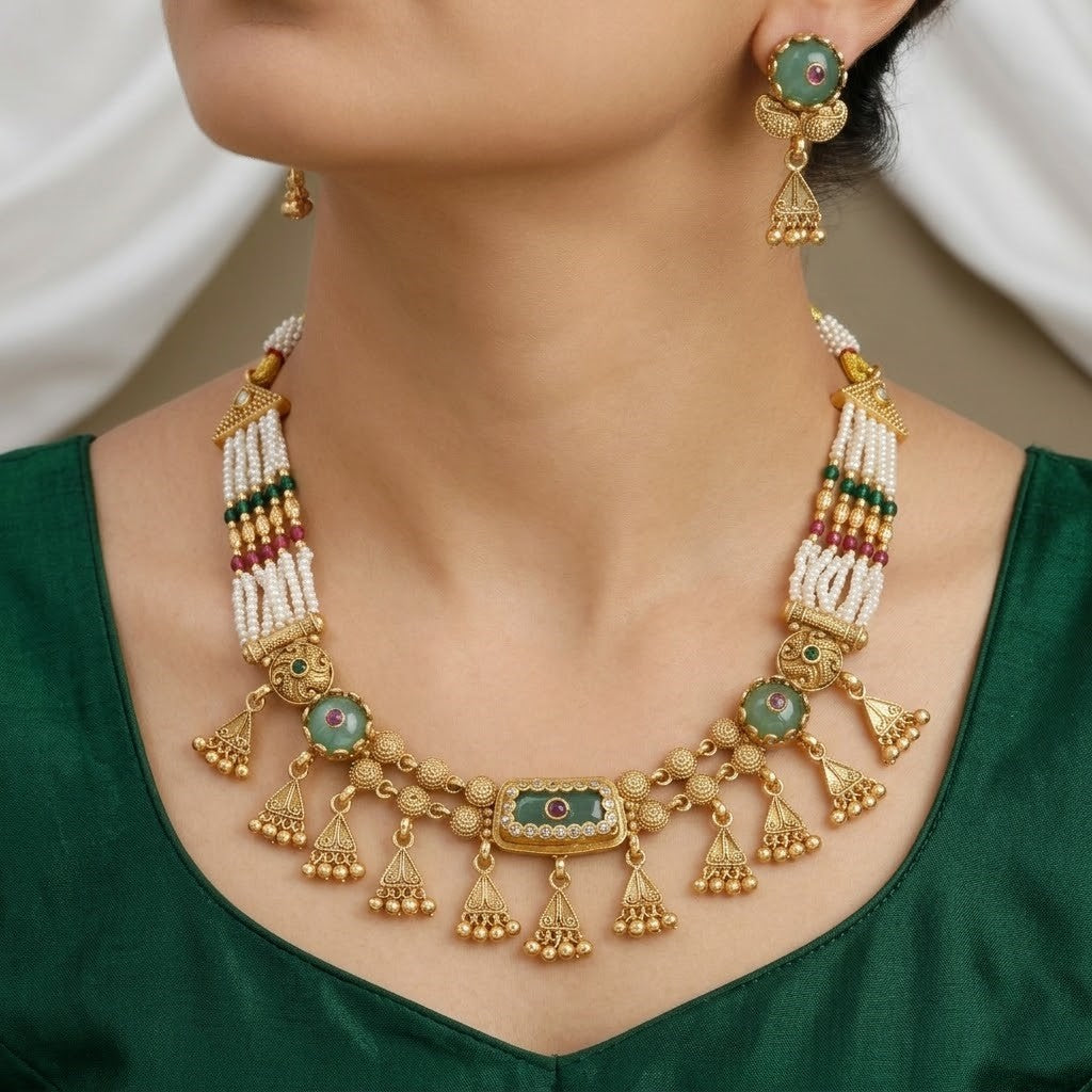 Antique Gold Finish Pearl Kundan Necklace Set