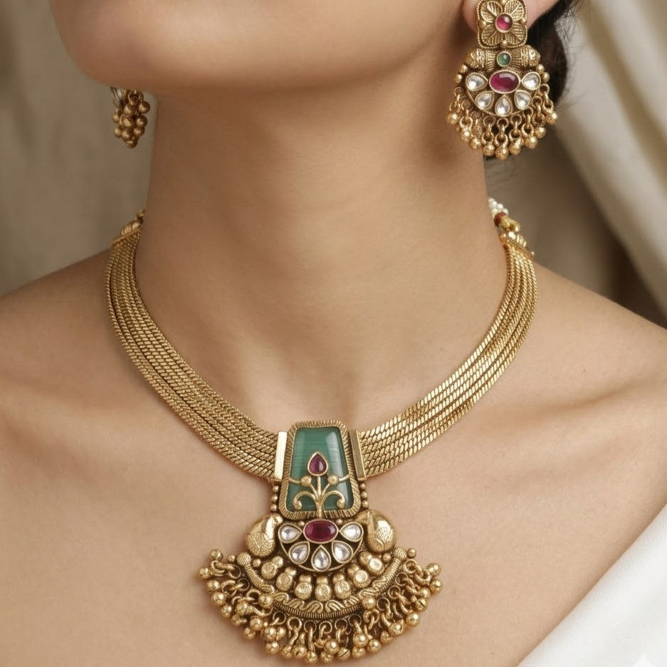 Antique Gold Multi-Strand Necklace Set with Green Stone & Kundan