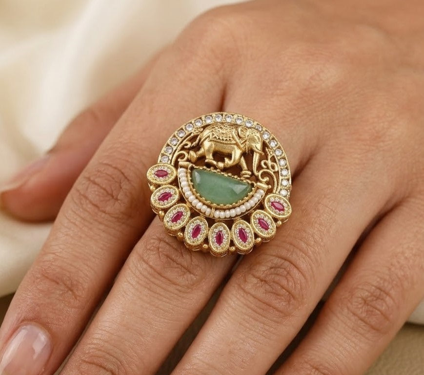 Heritage Traditional Elephant Motif Statement Free Size Ring