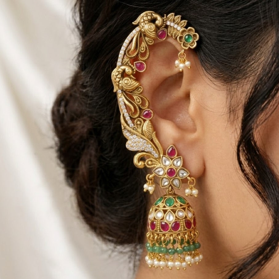 Antique Gold Peacock Ear Cuff Jhumka