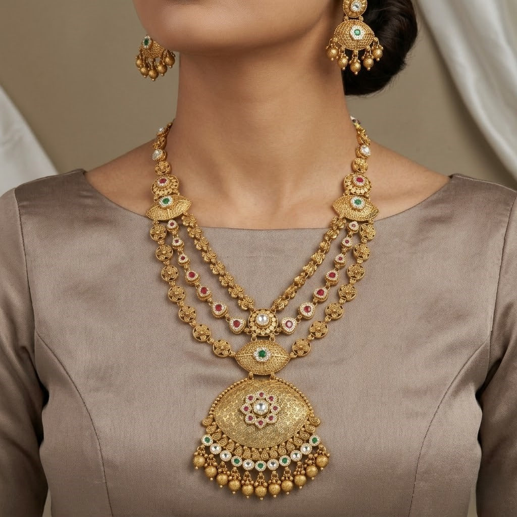 Traditional Gold-Plated Layered Kundan Necklace & Earrings