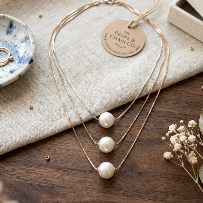 Triple Chain Floating Pearl Necklace