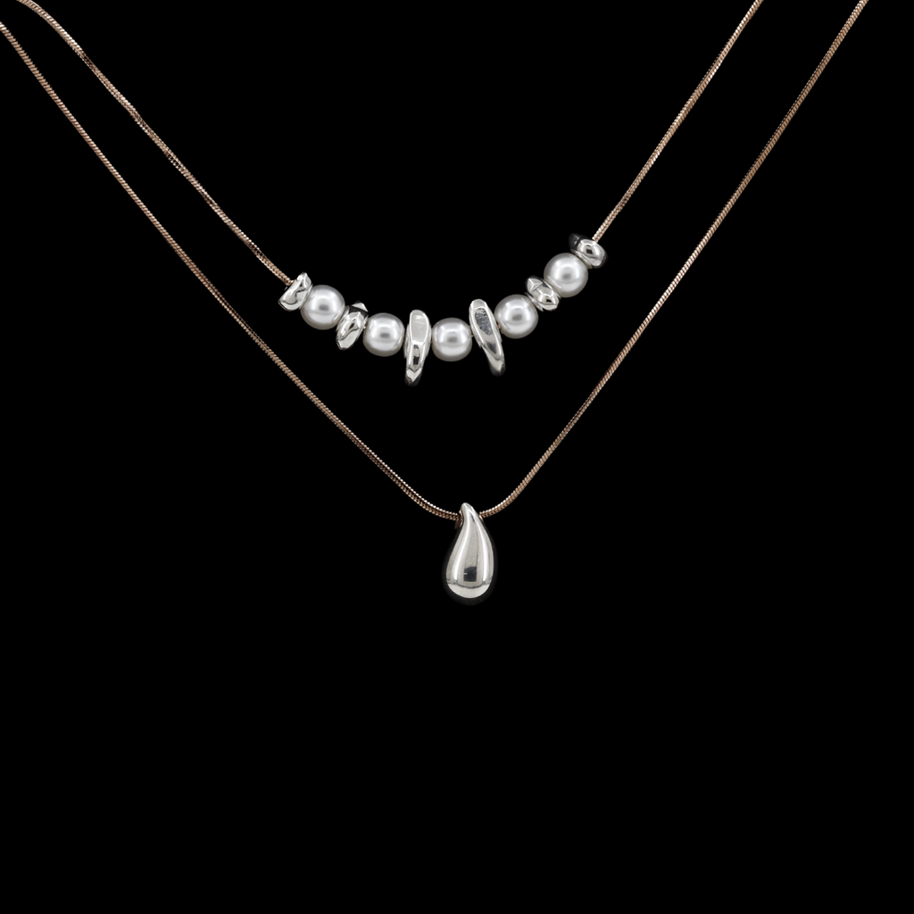 Layered Sterling Silver & Pearl Teardrop Necklace