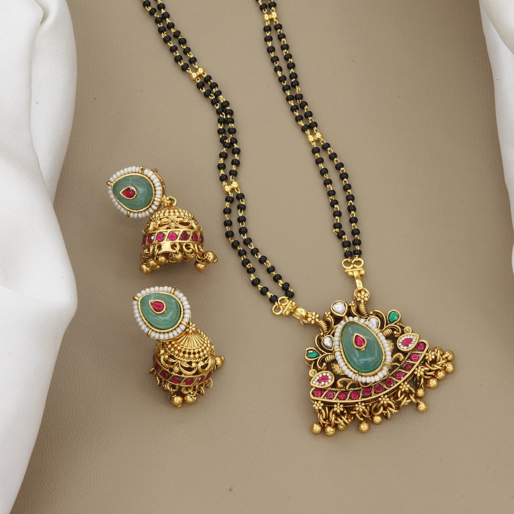 Traditional Green Stone Mangalsutra & Jhumka Earring Set