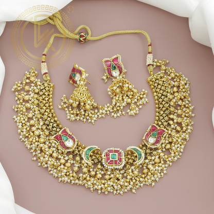 Elegant Panchi Kundan Navratan Gold Plated Necklace Set with Pearl Drops