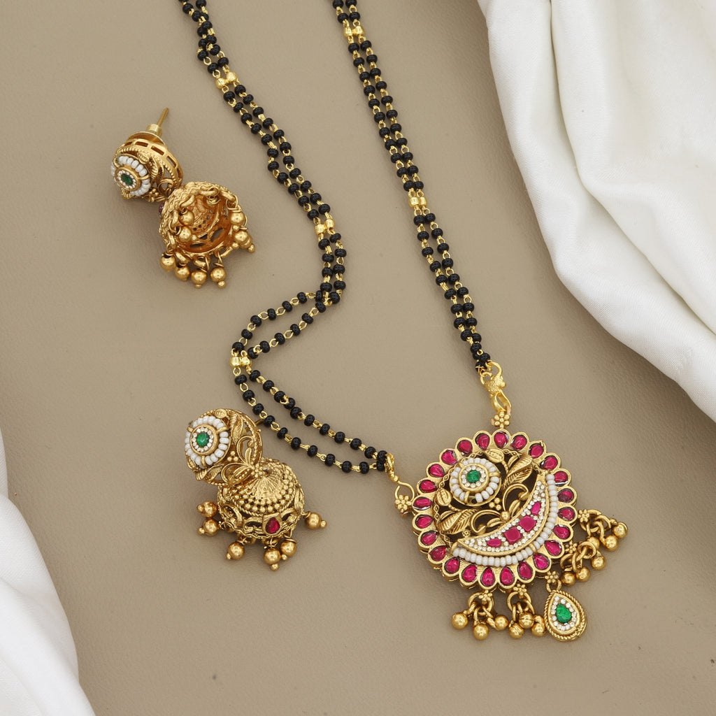 Antique Gold Black Bead Mangalsutra & Jhumka Set