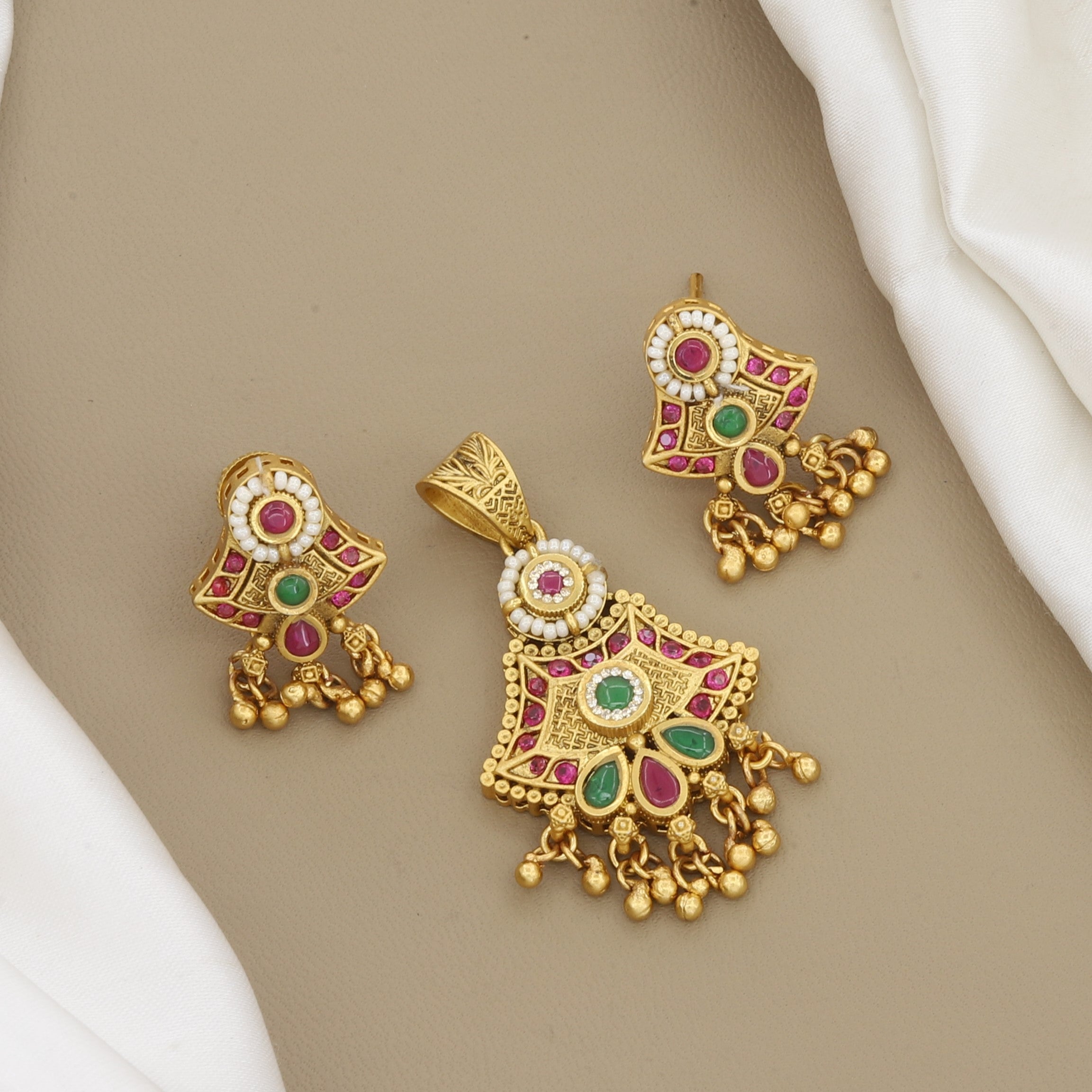 Traditional Gold Toned Pendant & Earring Set with Pink & Green Stones