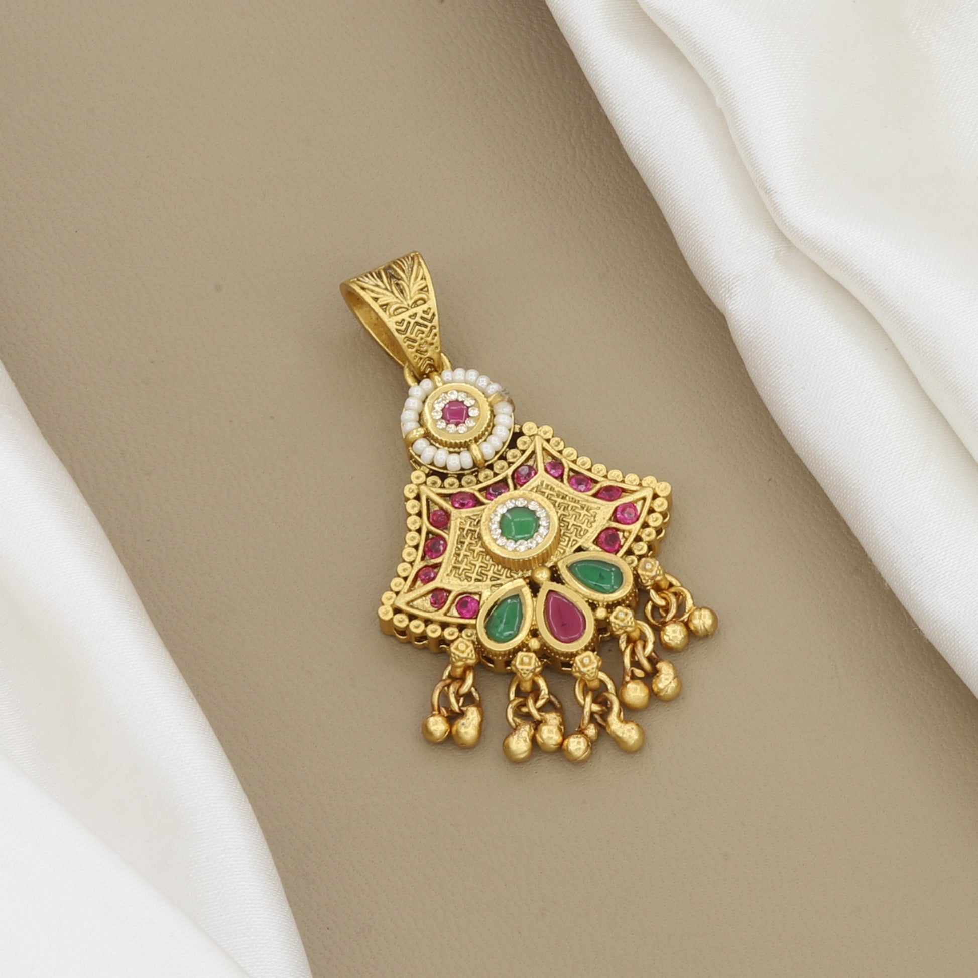 Traditional Gold Toned Pendant & Earring Set with Pink & Green Stones