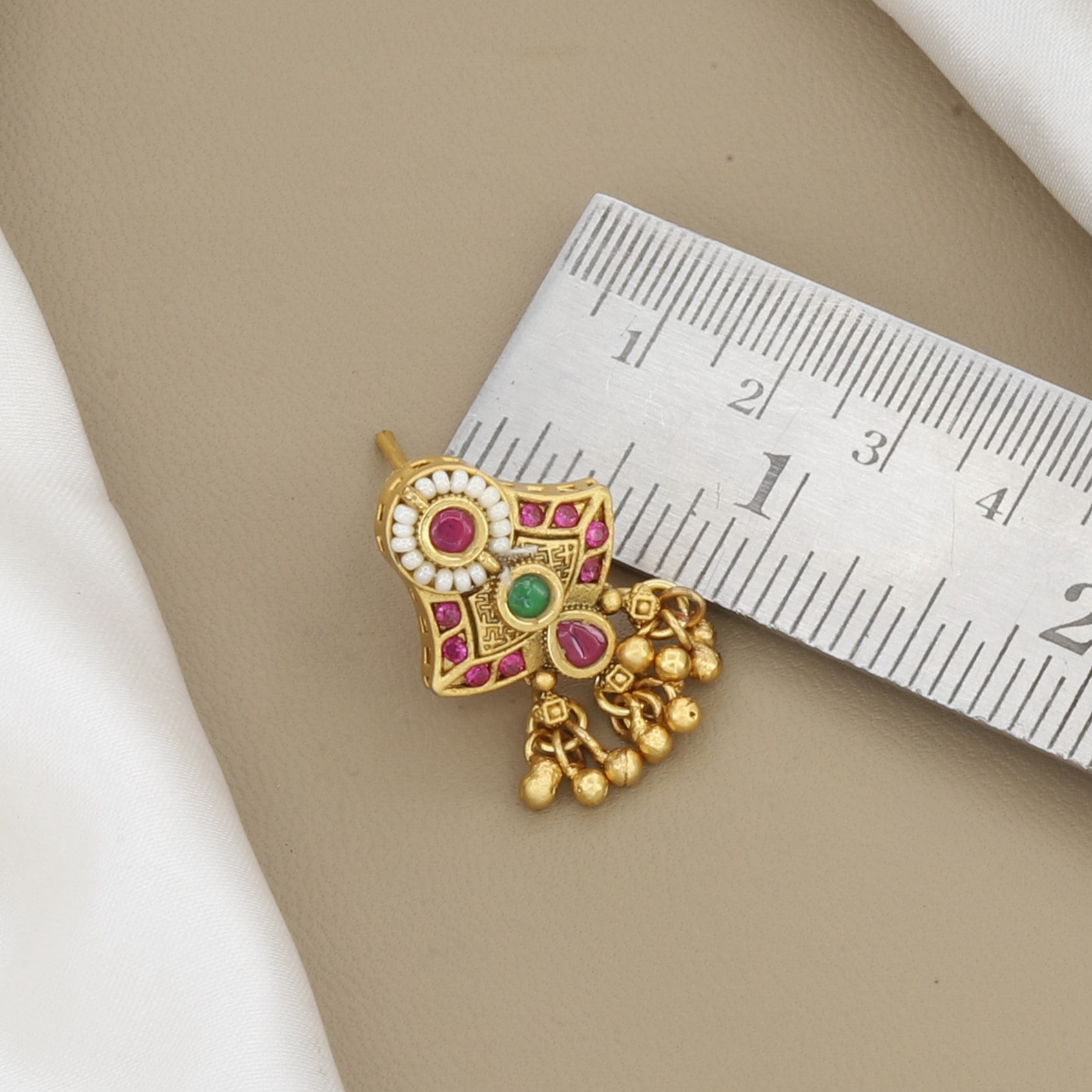 Traditional Gold Toned Pendant & Earring Set with Pink & Green Stones