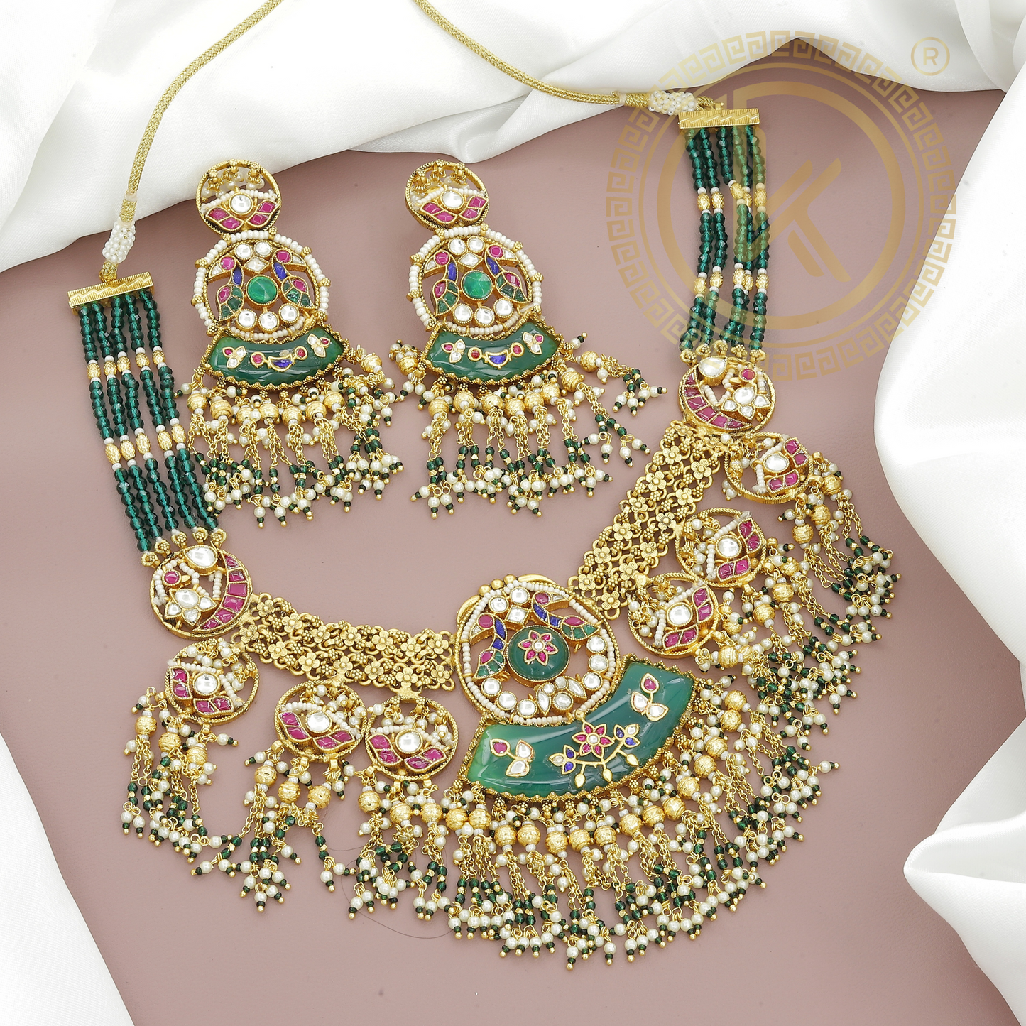Kundan Heritage Mint Green Necklace Set with Pearl & Stone Drops