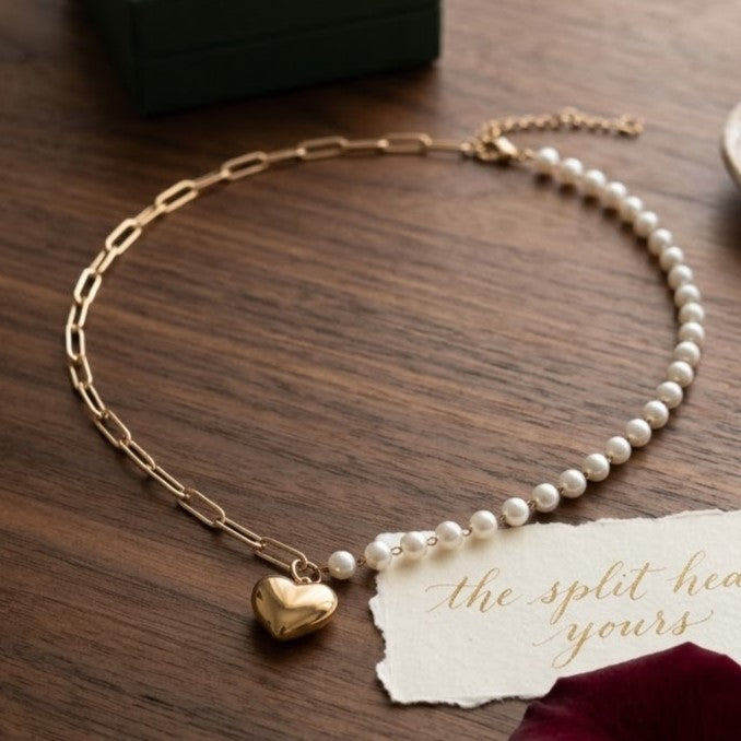 Heart Charm Asymmetrical Pearl & Gold Link Necklace