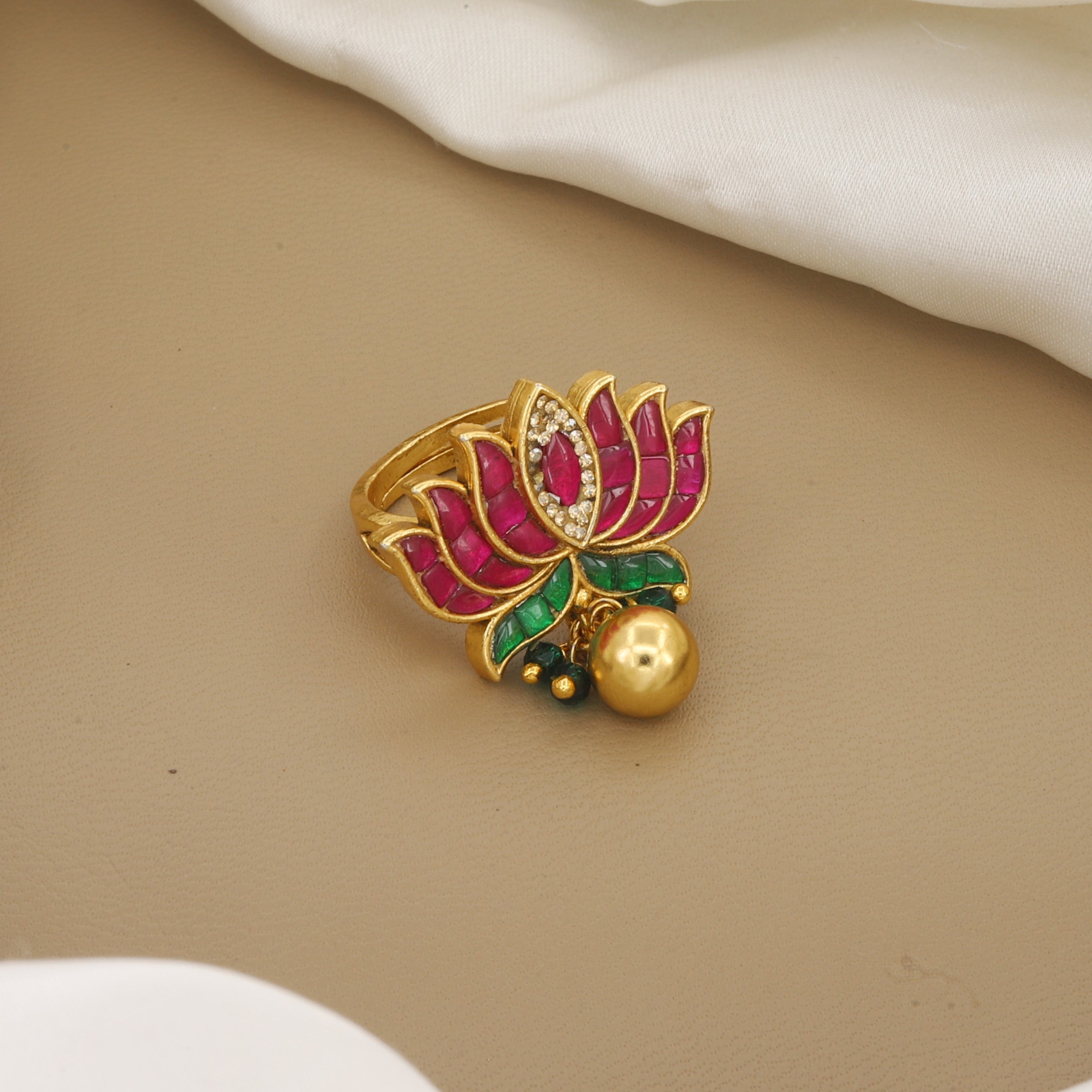 Gold Plated Lotus Motif Ring with Pink & Green Stones