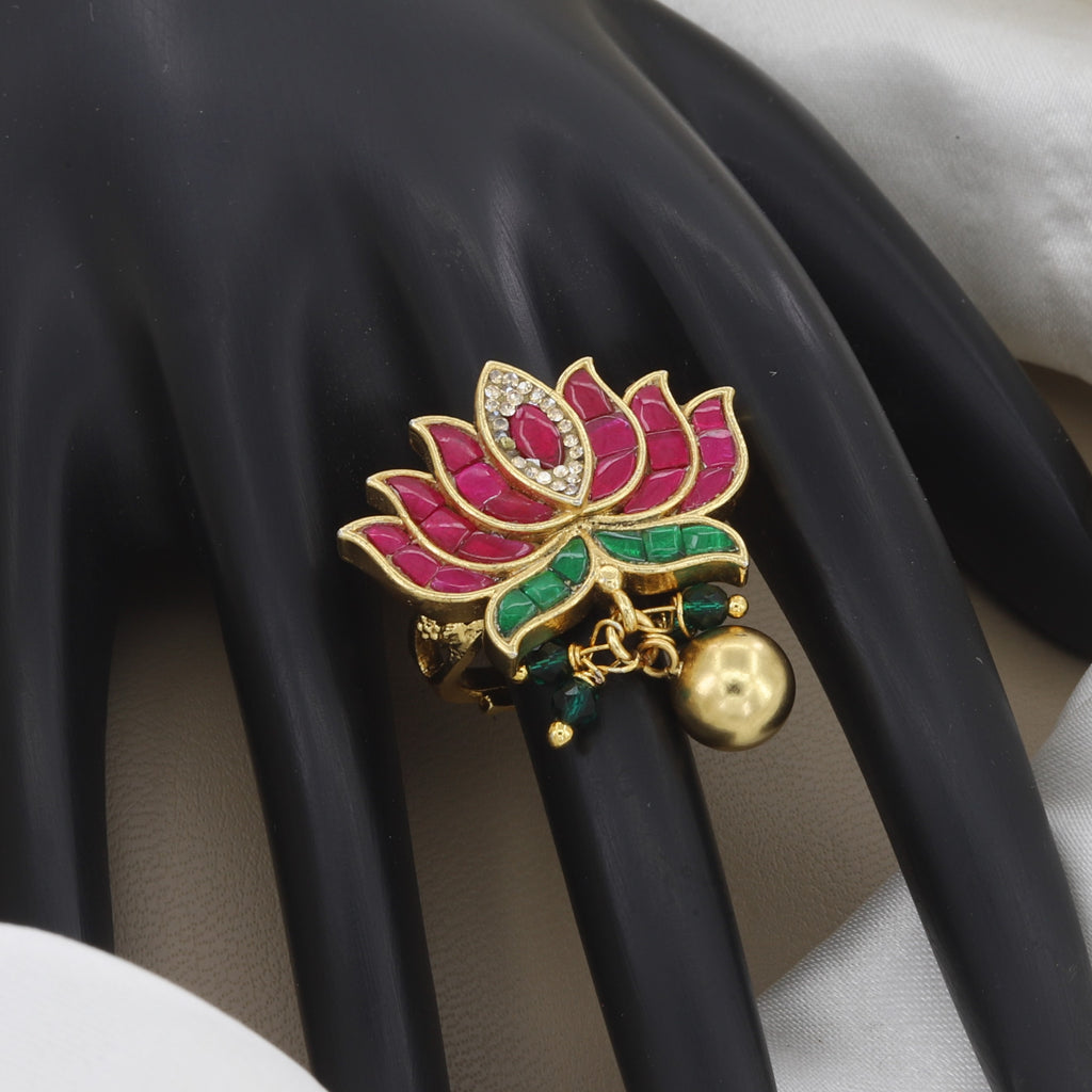 Gold Plated Lotus Motif Ring with Pink & Green Stones