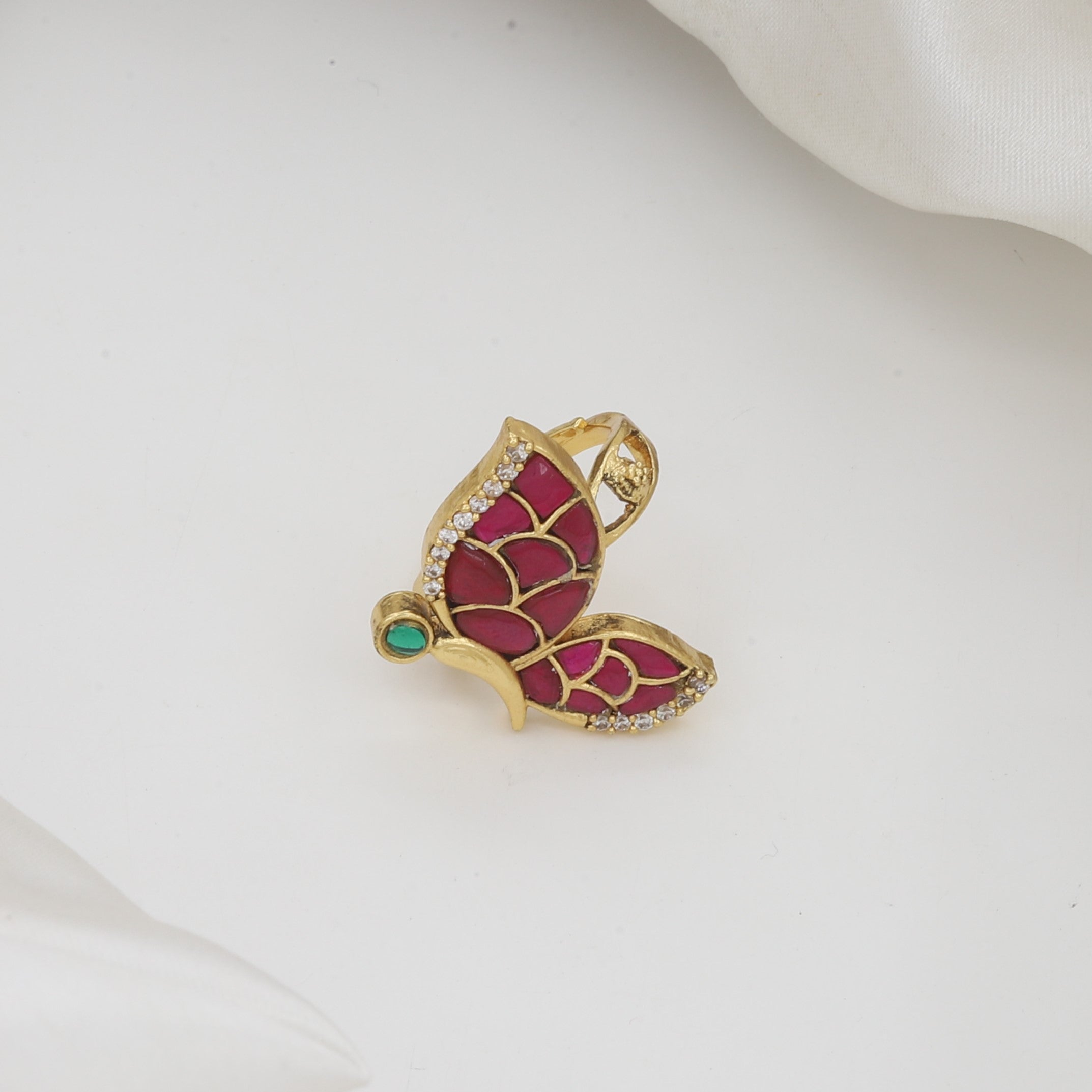 Antique Gold Butterfly Statement Ring with Pink & Green Stones