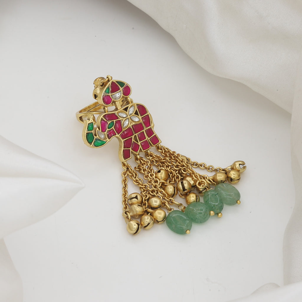Antique Gold Elephant Motif Statement Ring with Ghungroo Chains