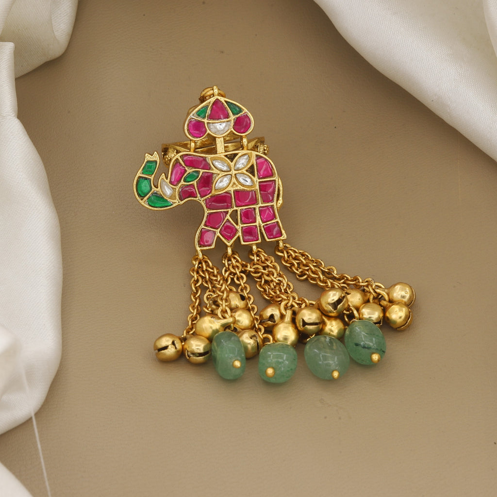 Antique Gold Elephant Motif Statement Ring with Ghungroo Chains