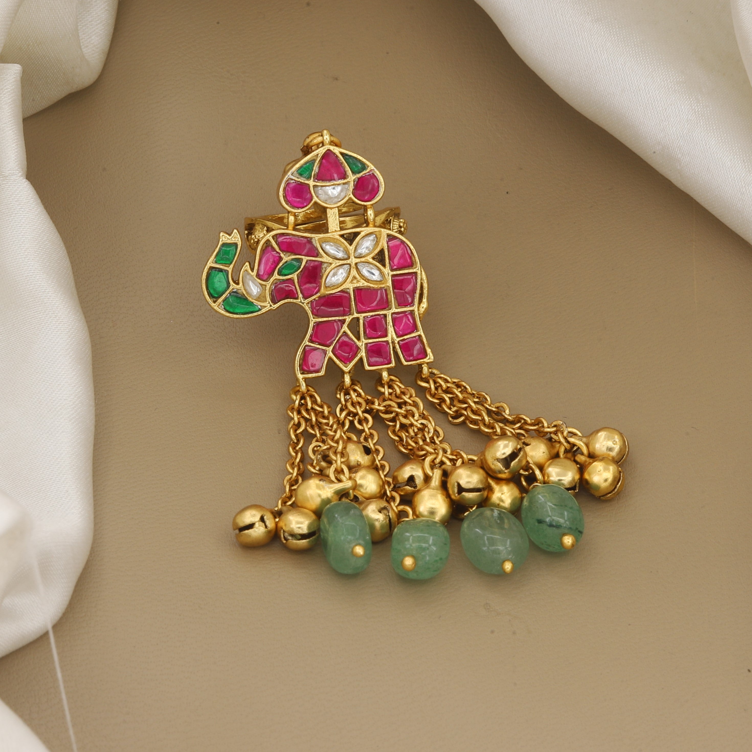 Antique Gold Elephant Motif Statement Ring with Ghungroo Chains