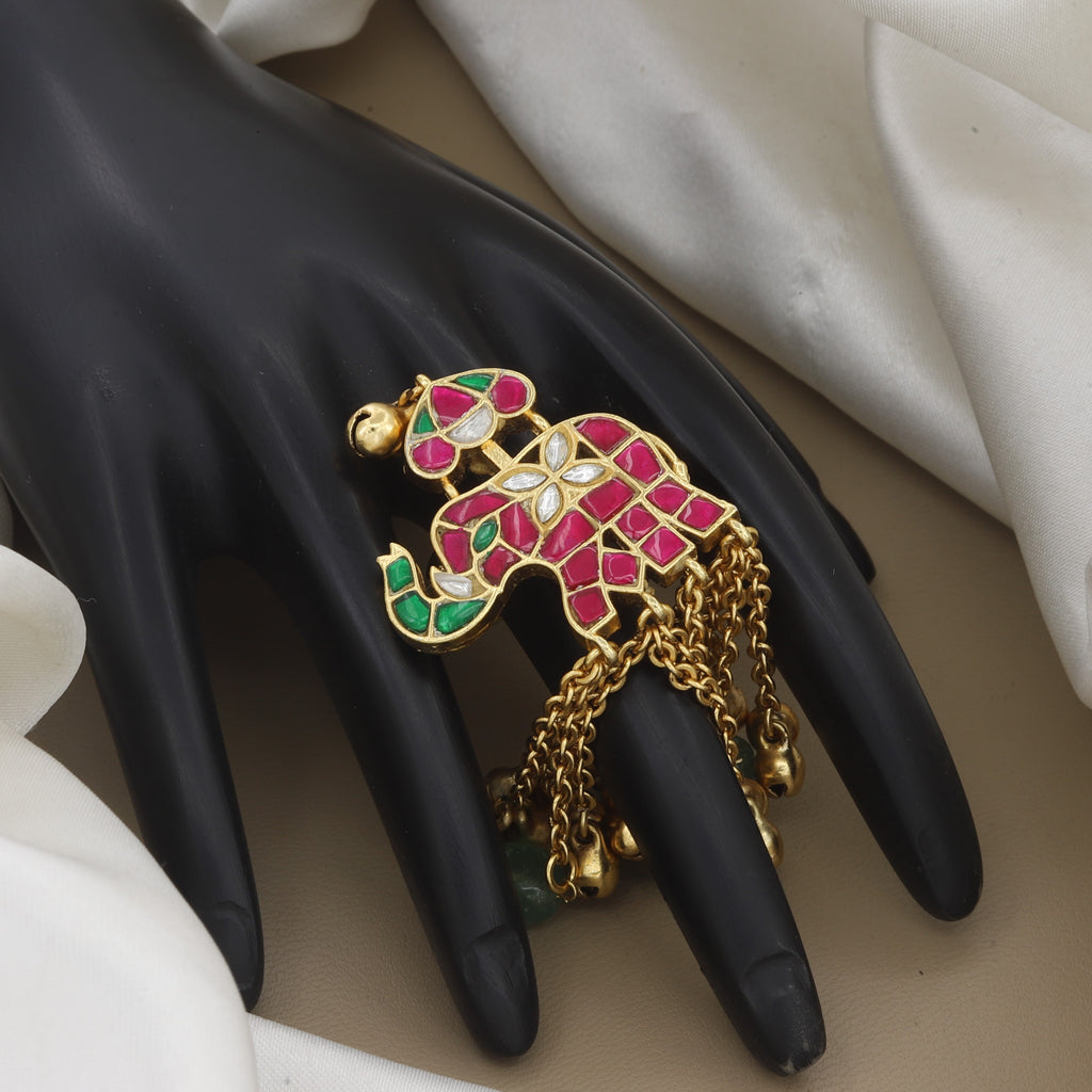 Antique Gold Elephant Motif Statement Ring with Ghungroo Chains