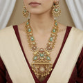 Traditional Antique Gold Plated Necklace Set with Green Stones and Elephant Motifs