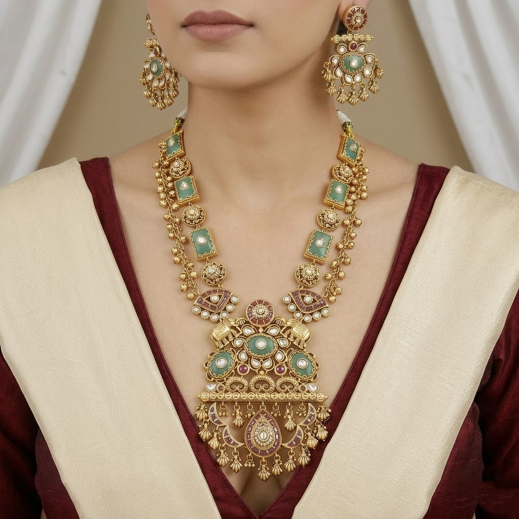 Traditional Antique Gold Plated Necklace Set with Green Stones and Elephant Motifs