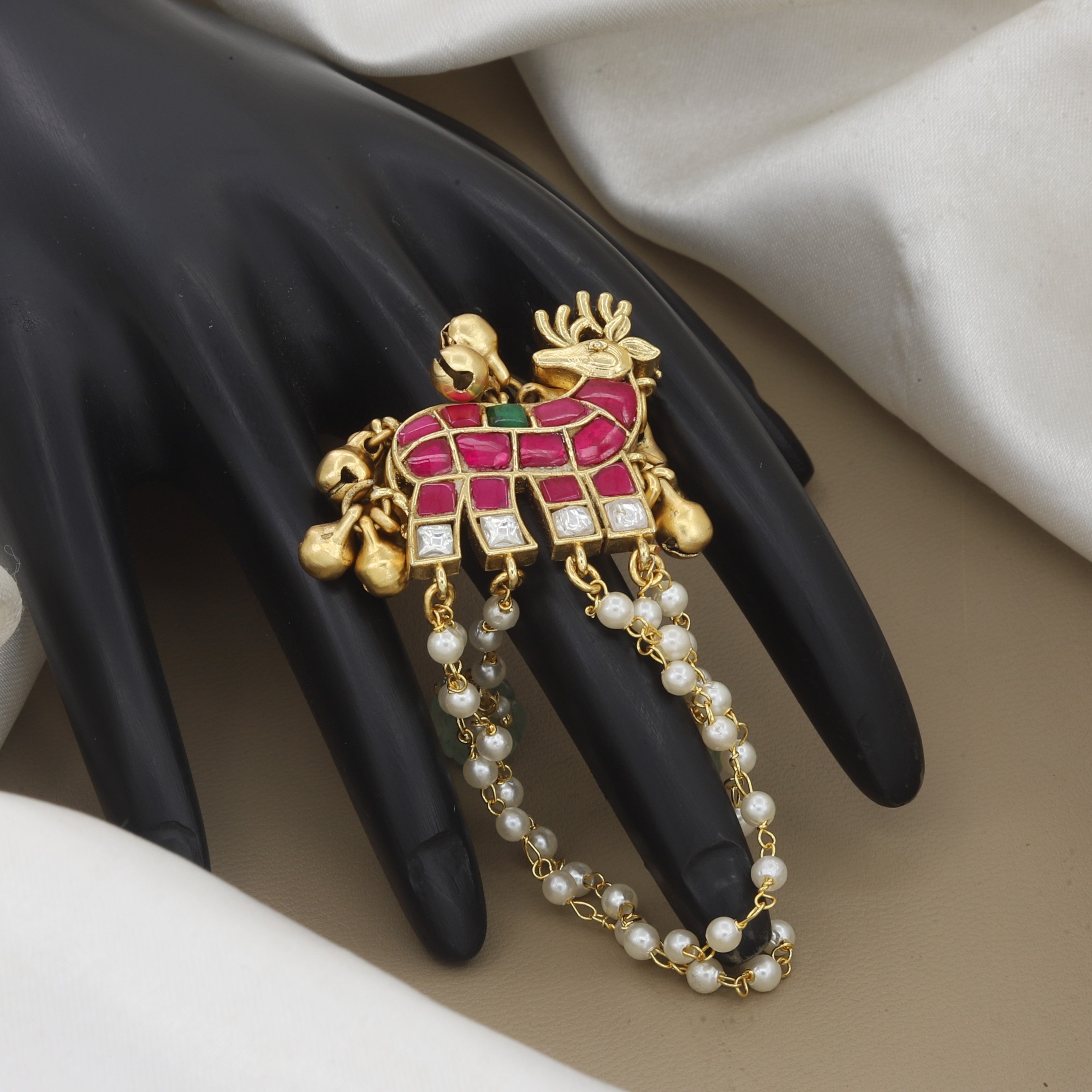 Antique Gold Deer Motif Statement Ring with Pearl Chains