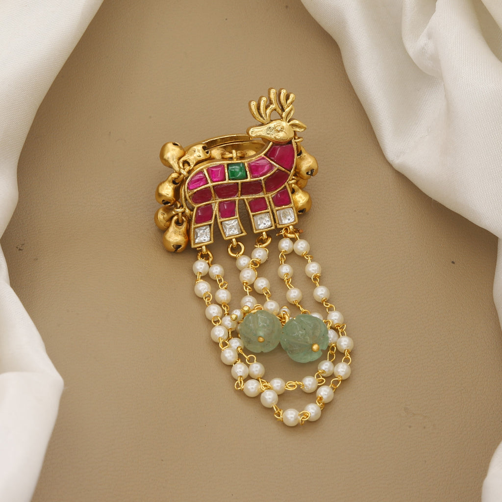 Antique Gold Deer Motif Statement Ring with Pearl Chains