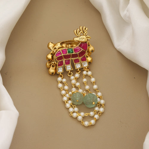 Antique Gold Deer Motif Statement Ring with Pearl Chains