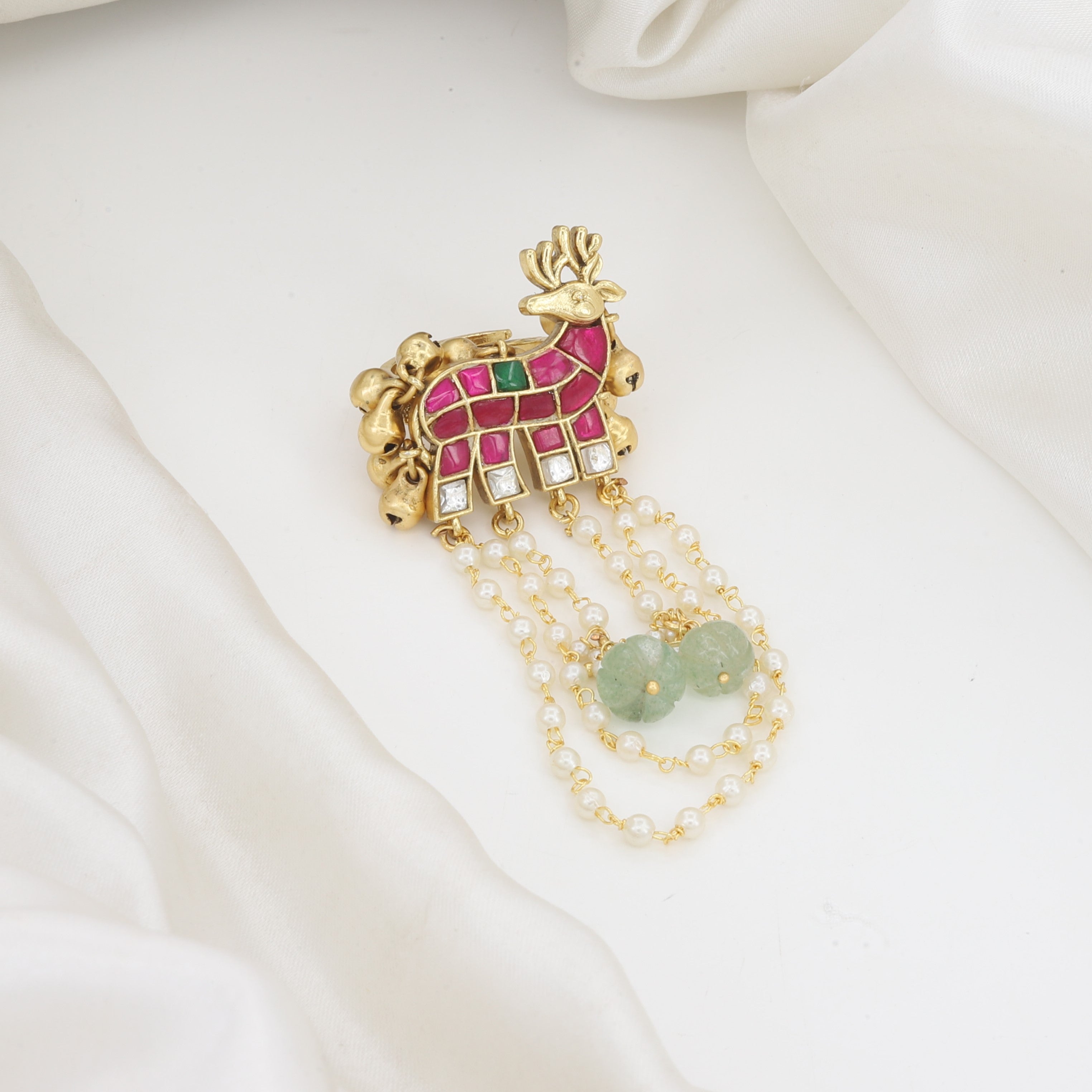 Antique Gold Deer Motif Statement Ring with Pearl Chains