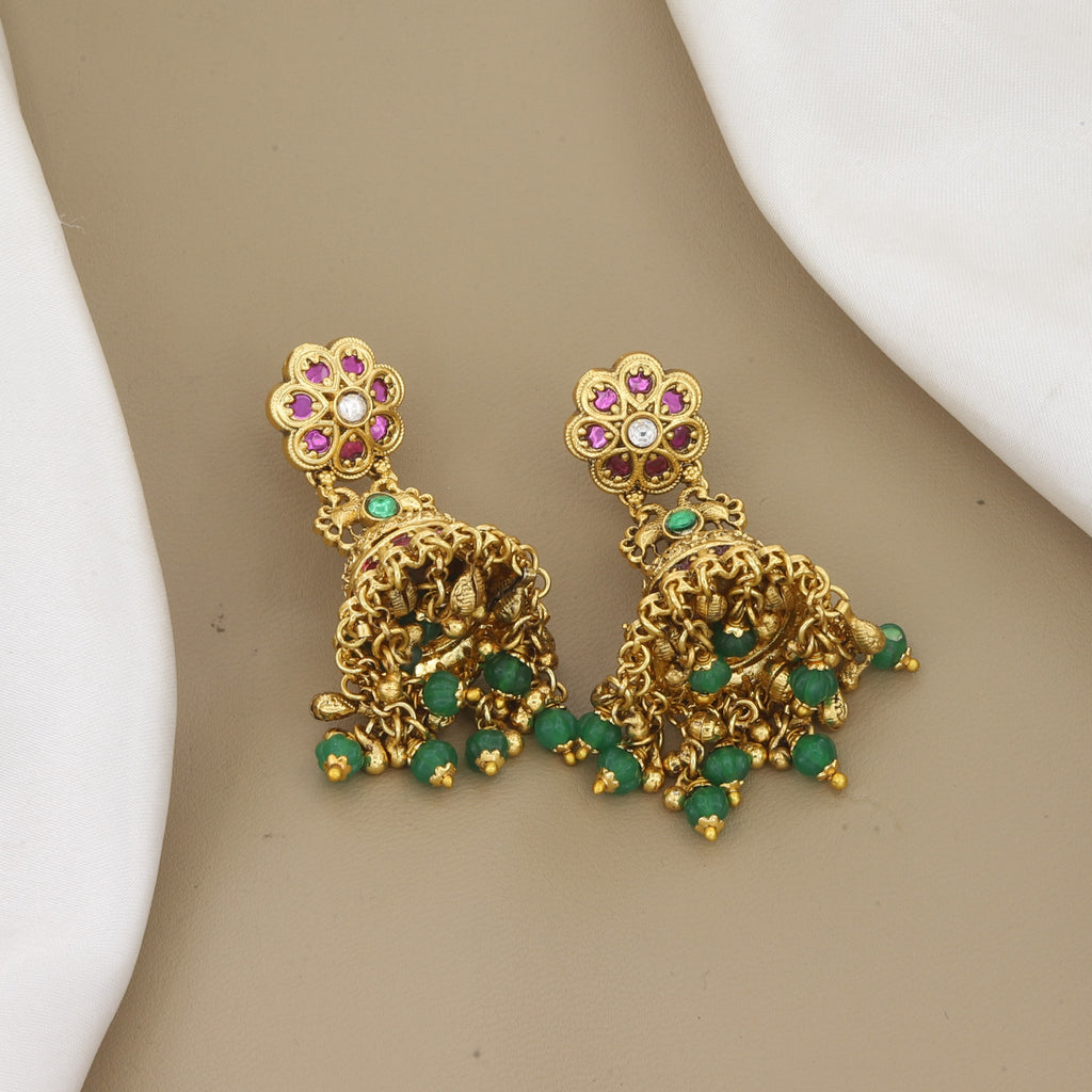 Antique Gold Floral Jhumka Earrings with Ruby & Emerald Stones