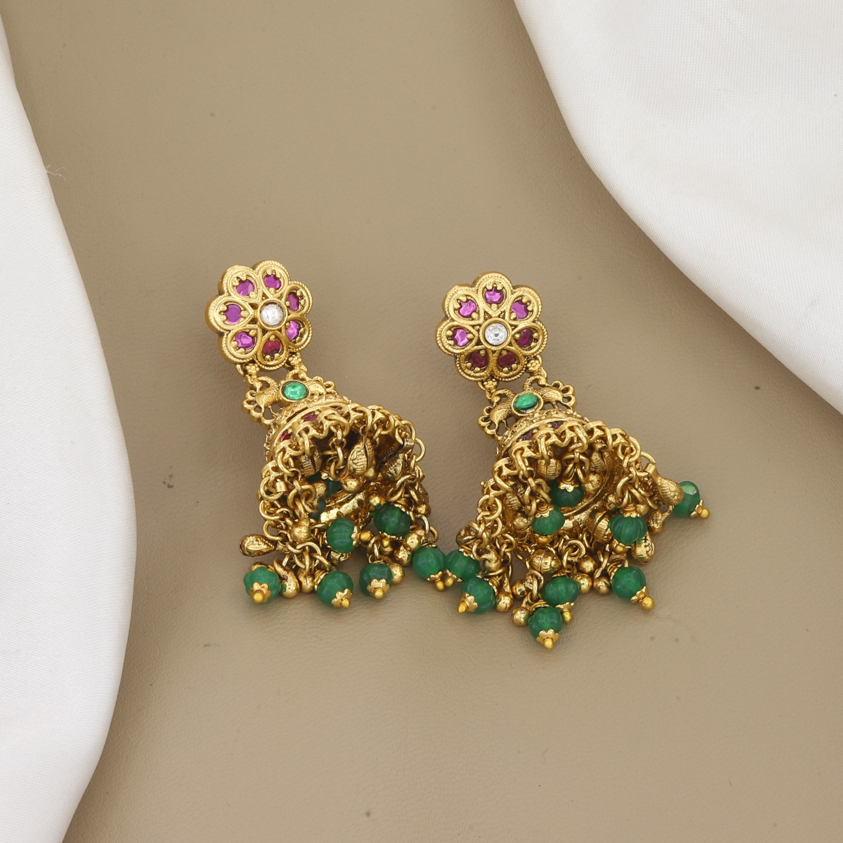 Antique Gold Floral Jhumka Earrings with Ruby & Emerald Stones