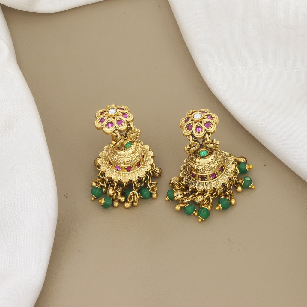 Antique Gold Floral Jhumka Earrings with Ruby & Emerald Stones