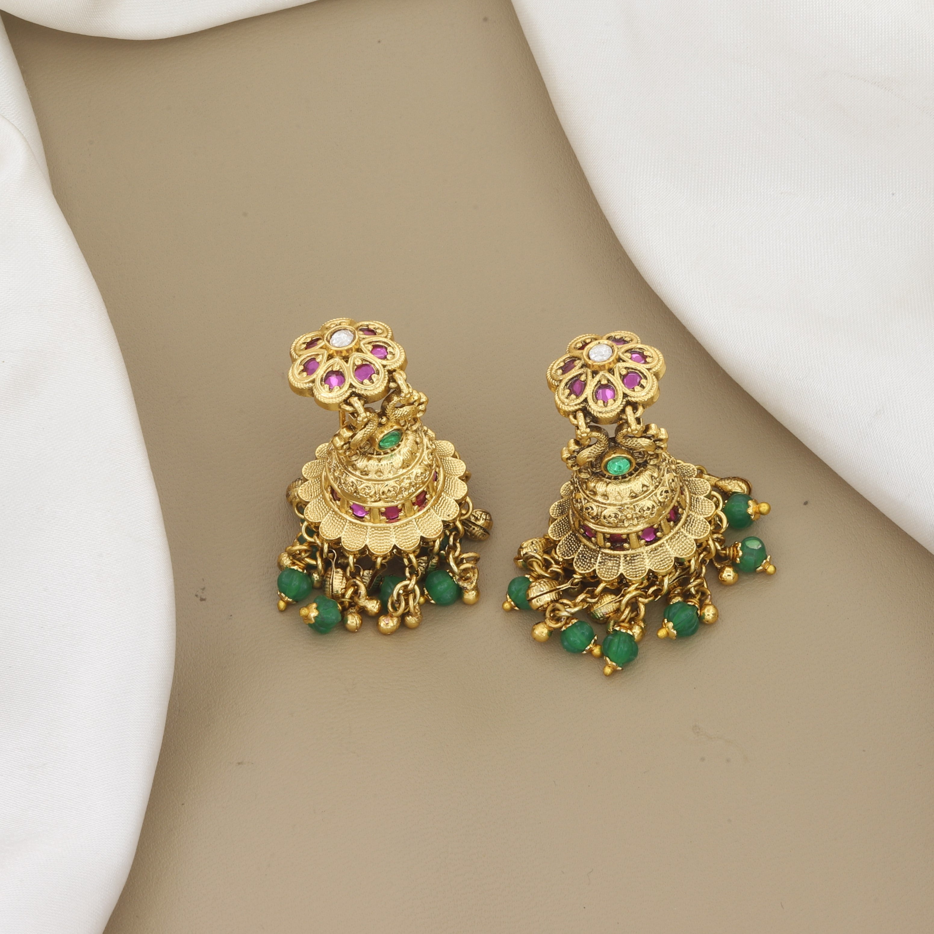 Antique Gold Floral Jhumka Earrings with Ruby & Emerald Stones