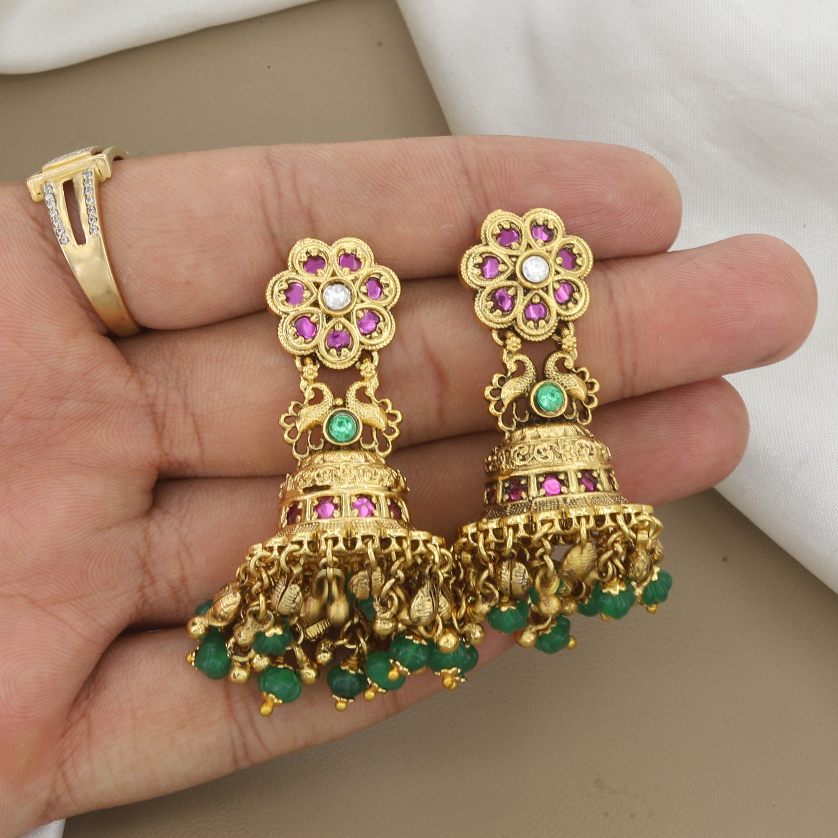 Antique Gold Floral Jhumka Earrings with Ruby & Emerald Stones