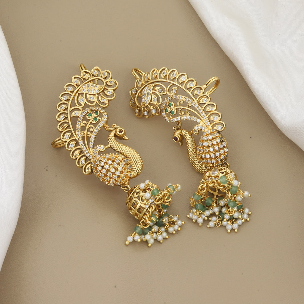 Gold Plated Traditional Peacock Ear Cuff Jhumka with AD Stones & Pearl Drops