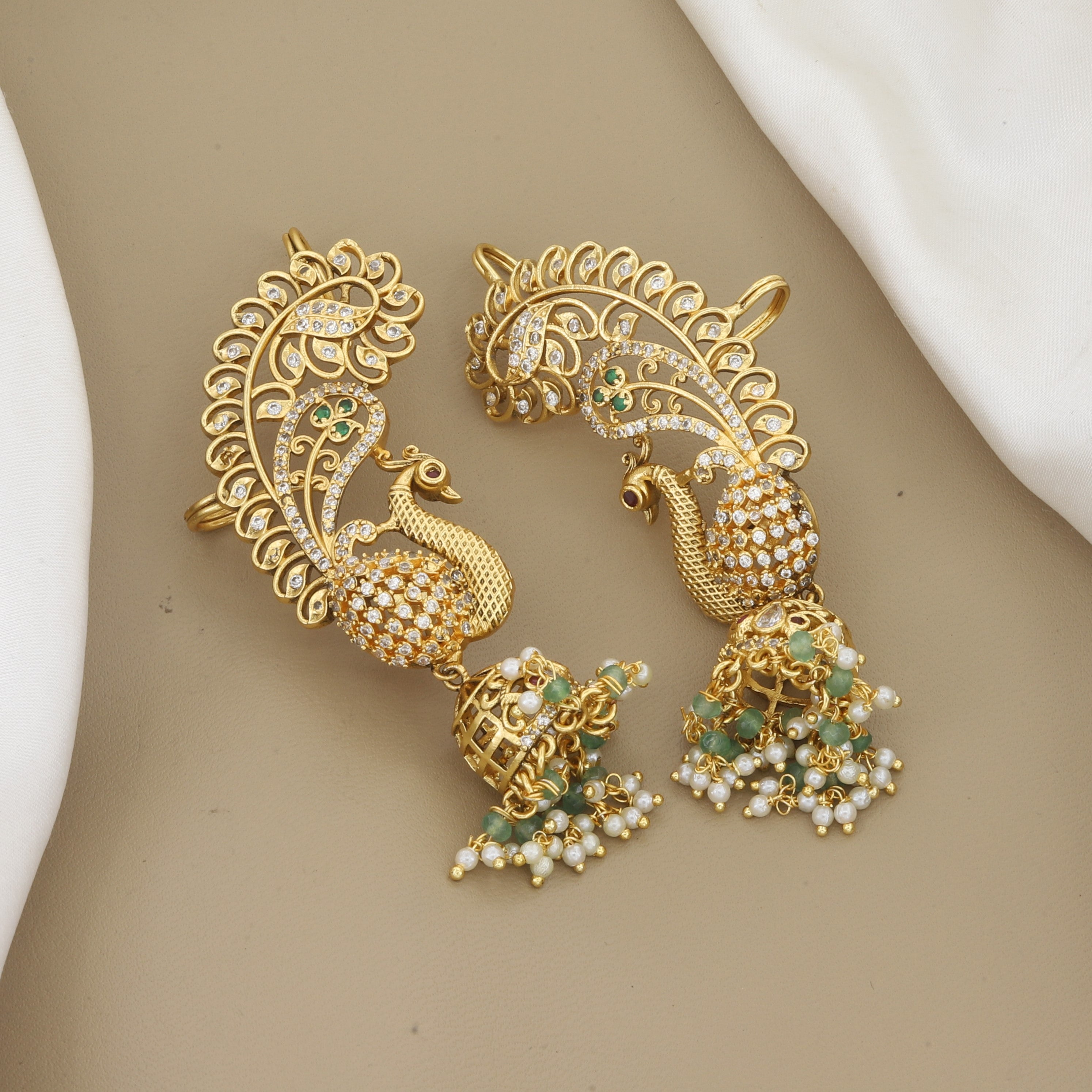 Gold Plated Traditional Peacock Ear Cuff Jhumka with AD Stones & Pearl Drops