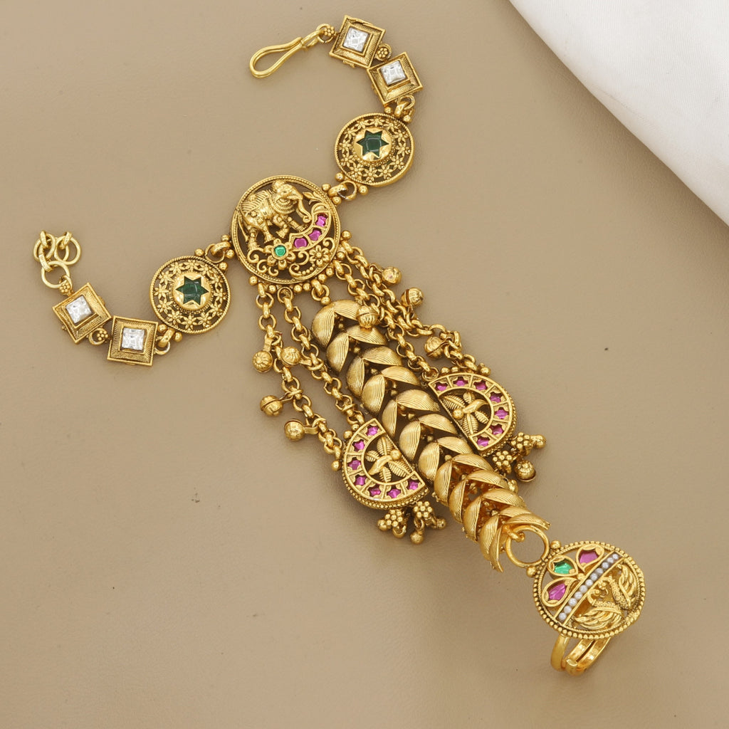 Antique Gold Finish Floral & Leaf Hathpanja with Ruby Green Stones