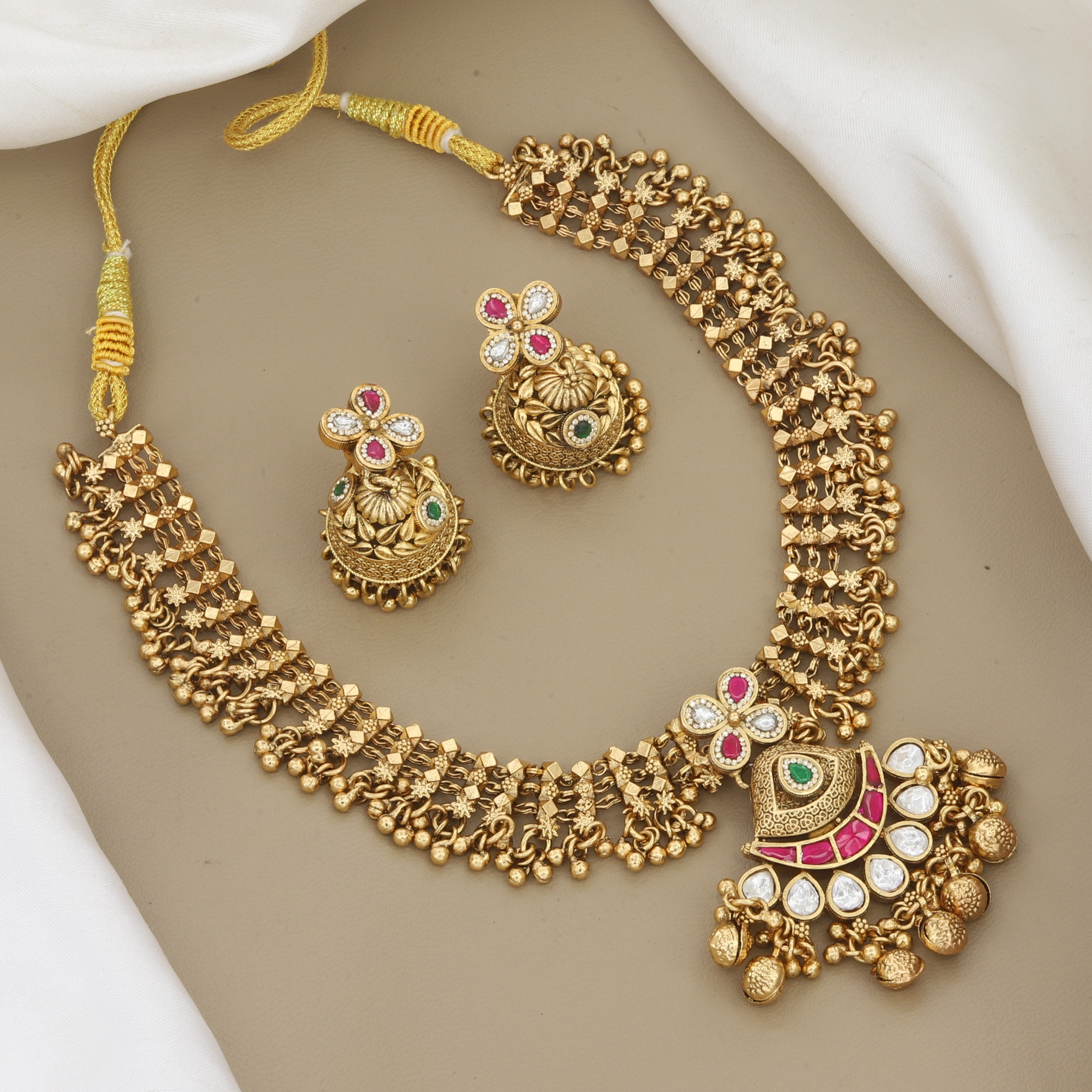 Antique Gold Finish Traditional Necklace Set with Jhumkas